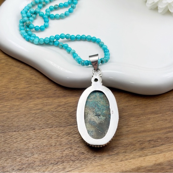 Peridot and Chrysocolla Long Pendant Jewelry Set Lot Turquoise Necklace 925 - Picture 7 of 8